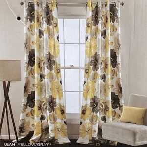 NWT New Half Moon Leah Yellow/White/Grey Floral Curtain Panels 52" x 108"